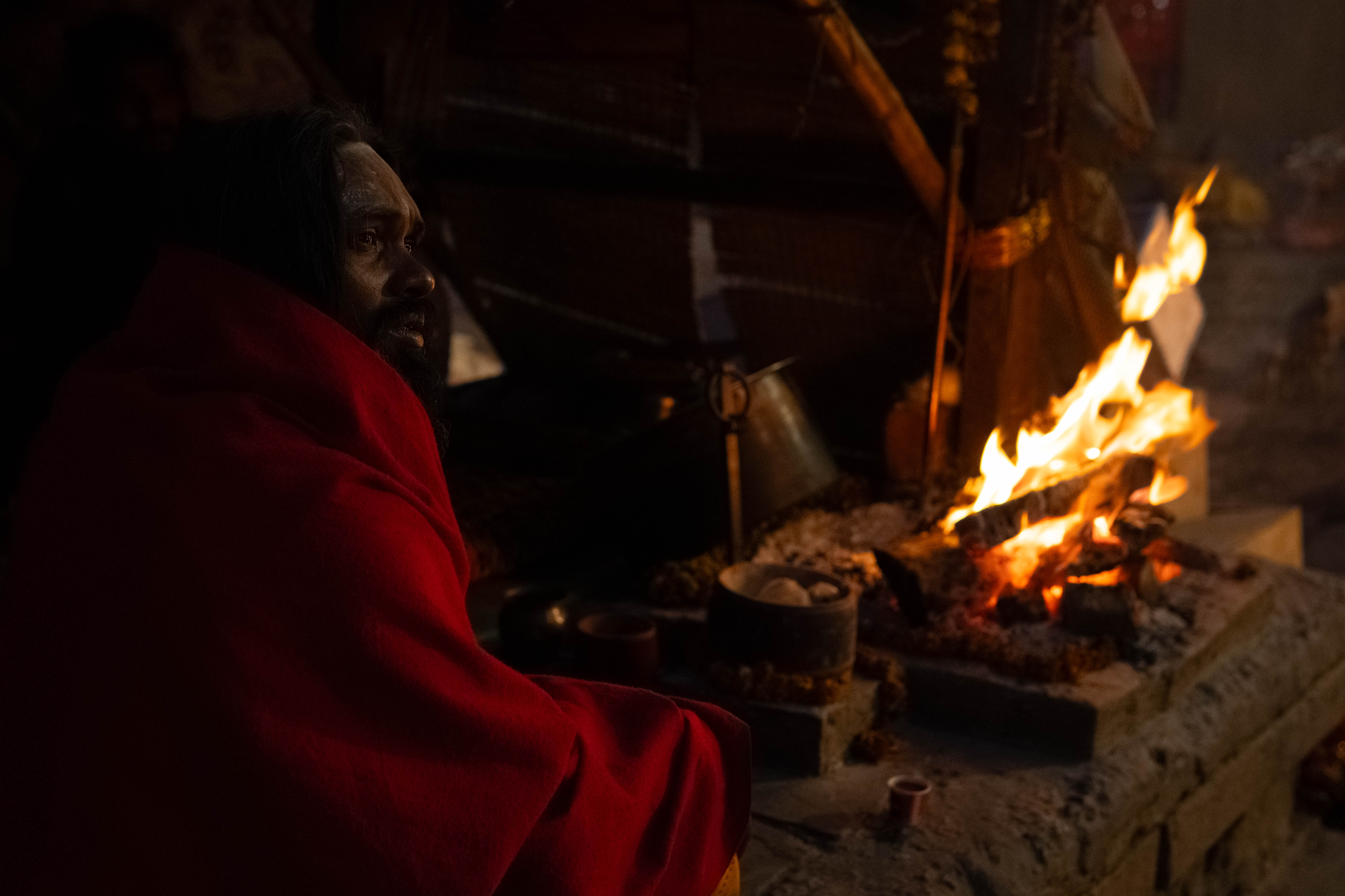 Sadhu by open flame asset, Varanasi
